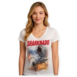 Sharknado Cult Classic Movie Graphic V Neck Burnout Tee White Cotton XL Merch TV